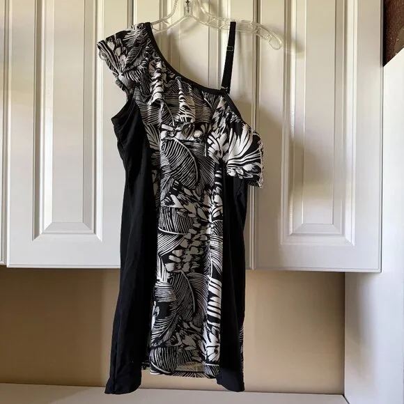 Unbranded Swimdress 1 Piece Adjustable Straps Blk & Wht Tropical Print Size XL - Picture 3 of 12